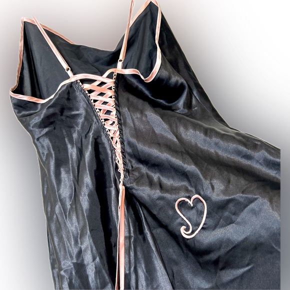 La Vie En Rose Dresses & Skirts - La Vie en Rose black satin coquette slip dress pink trim back lace corset Size M